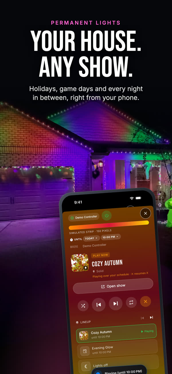 Your house. Any show. Holidays, game days and every night in between, from your phone. The app on a phone in front of a Chameleon install lit purple, green and orange for Halloween.