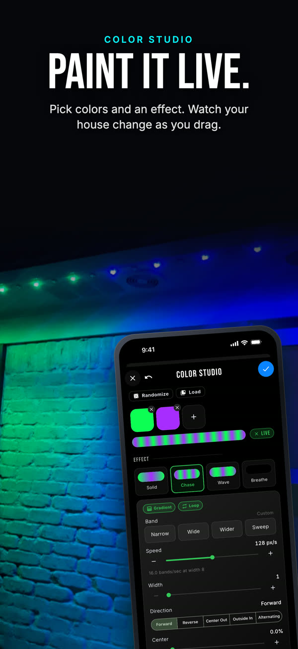 Paint it live. Pick colors and an effect, and watch the house change as you drag. The app on a phone in front of a house lit with Chameleon lights.