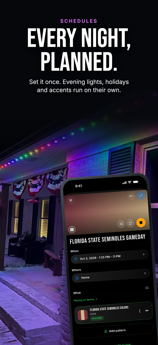 Every night, planned. Evening lights, holidays and accents run on their own. The app on a phone in front of a house lit with Chameleon lights.