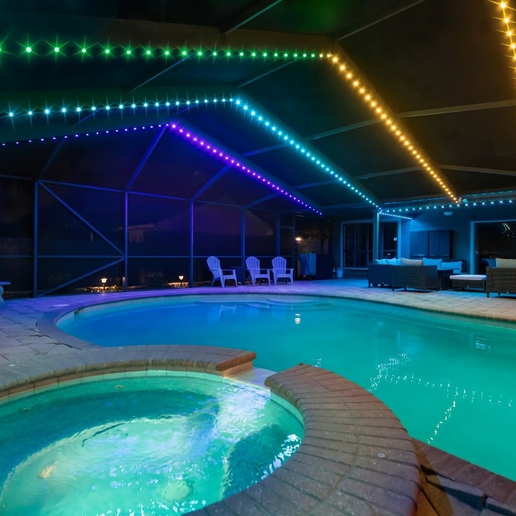 A pool enclosure outlined in green, blue and purple Chameleon lights at night.