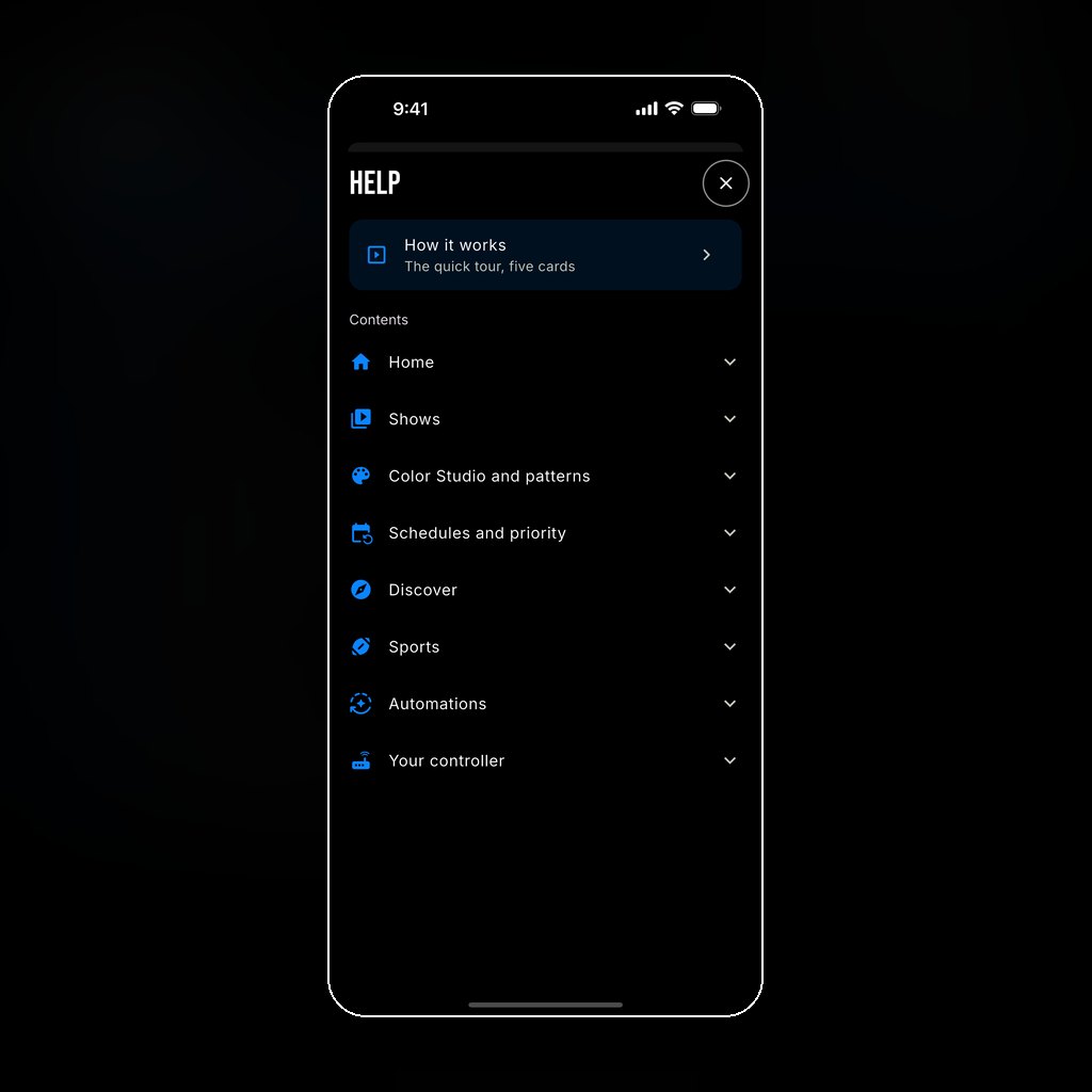 The in-app Help screen: How it works, then topics from Home to Your controller.