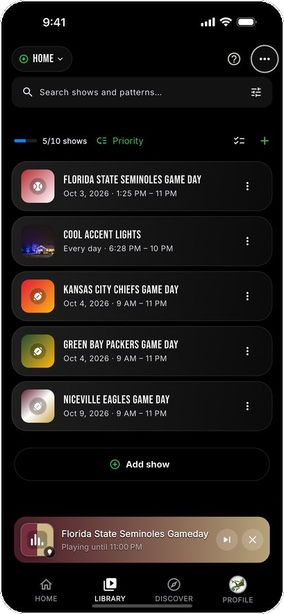 The Library: game-day shows for Florida State, the Chiefs, the Packers and the Niceville Eagles, plus nightly accent lights, each with its date and time.