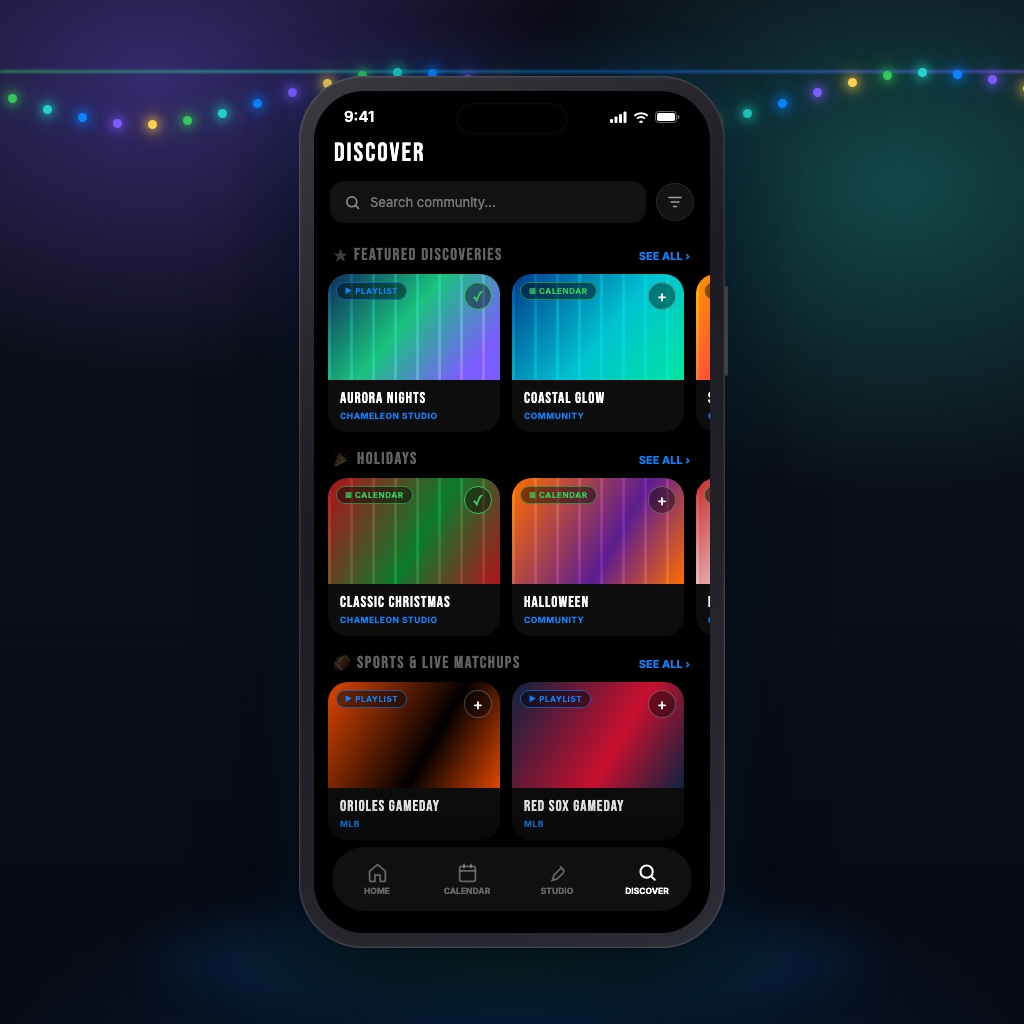 The Chameleon app discover screen showing featured, holiday and sports lighting scenes.