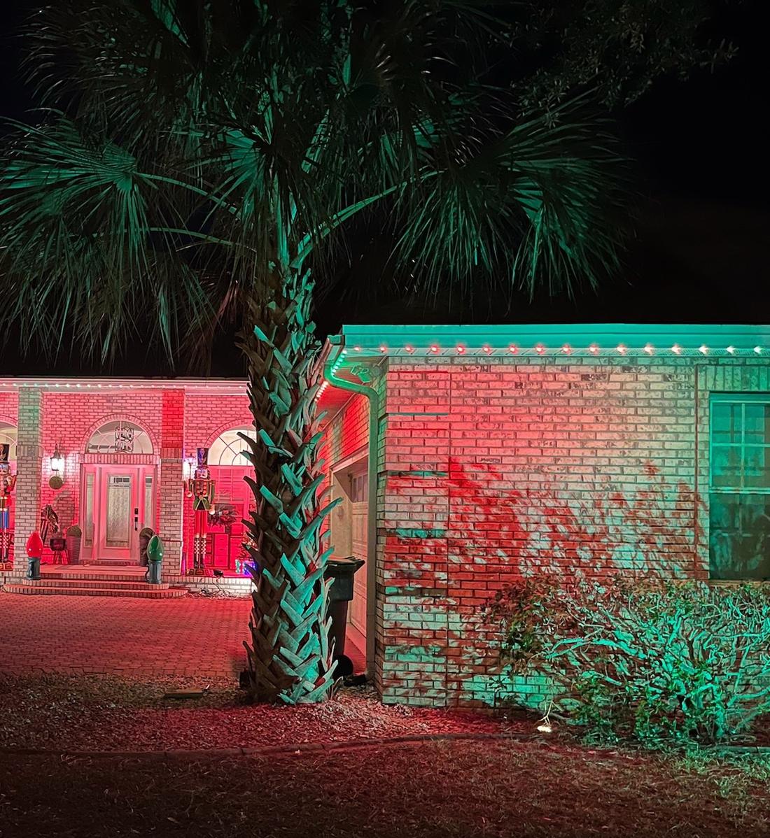 A real Chameleon install: a brick home with a palm out front, its roofline lit red, green and white for Christmas, a nutcracker by the door.